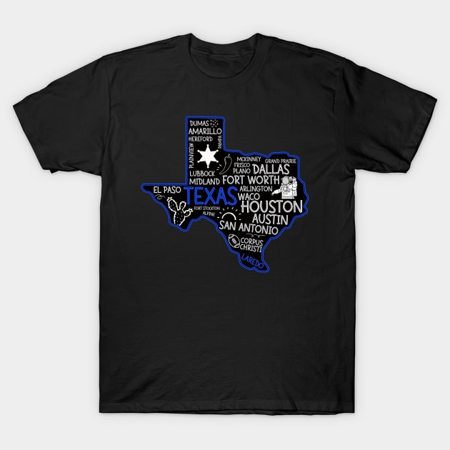 Laredo Texas cute map Houston San Antonio Dallas Austin Fort Worth El Paso T-Shirt by BoogieCreates